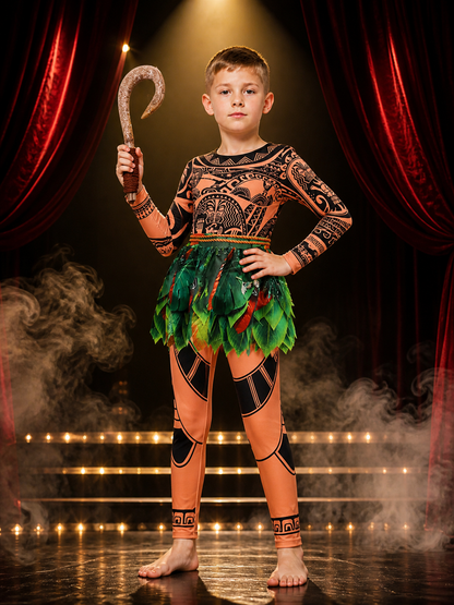 Boy's Moana Tribal Print Onesie Costume Set with Fish Hook, Halloween Outfit Costumes detail 3