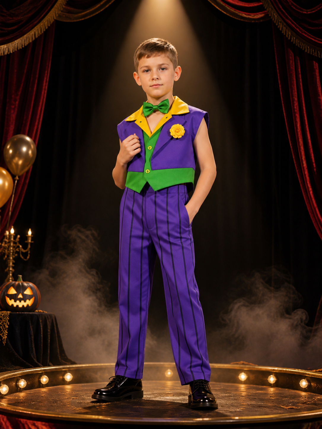 Kids Clown Costume Set, Purple Striped Pants, Yellow Rose Brooch and Bow Tie Costume Accessories detail 3