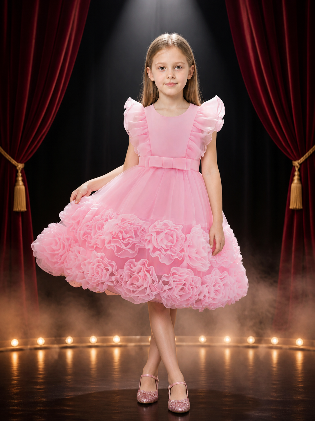 Toddler Girls' Pink Princess Party Dress With Puff Sleeves, Bow And Layered Costume Dresses detail 3
