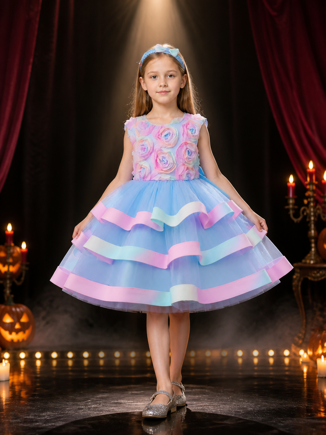 Girls' Multicolor Princess Dress with Layered Cake Skirt and Rose Detail Costume Dresses detail 3