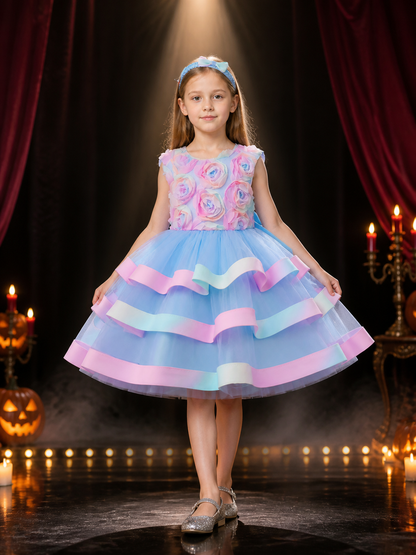 Girls' Multicolor Princess Dress with Layered Cake Skirt and Rose Detail Costume Dresses detail 3
