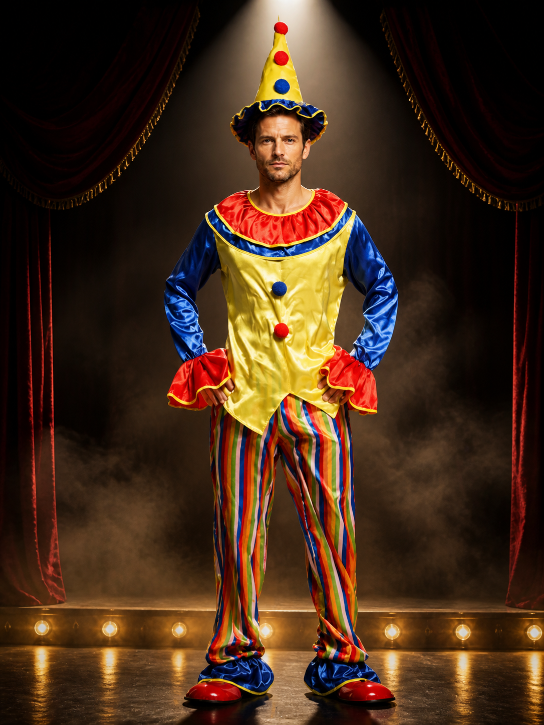 Unisex Adult Clown Costume Set, Striped Jumpsuit with Polka Dot Top and Jester Costumes detail 3