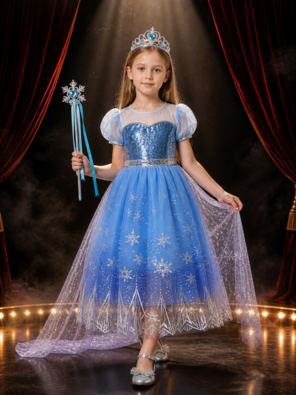 Kids Snow Queen Blue Sequined Snowflake Puffy Princess Dress Halloween Costume Costume Dresses detail 3