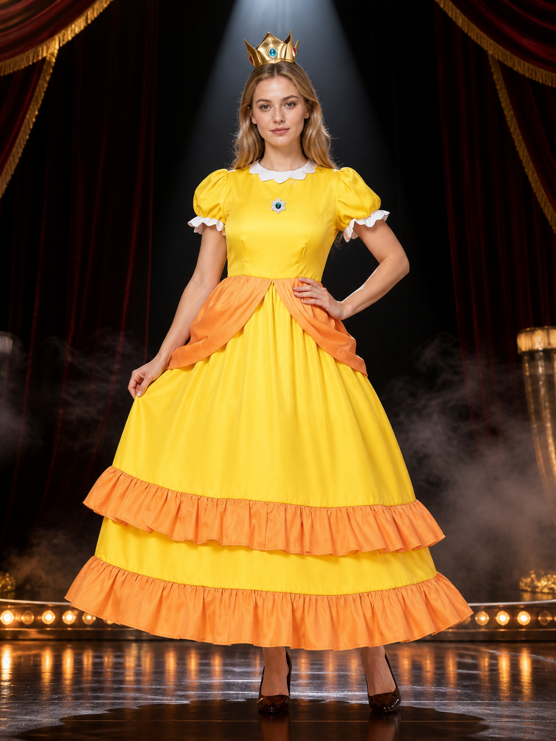 Yellow Princess A-Line Cosplay Costume Dress, Puff Sleeves, Orange Ruffles Costume Dresses detail 3