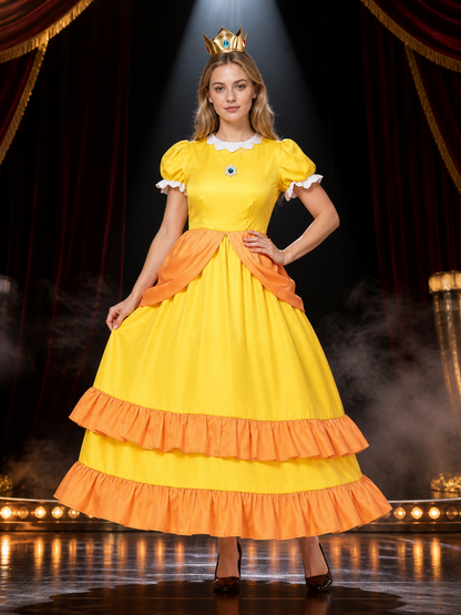 Yellow Princess A-Line Cosplay Costume Dress, Puff Sleeves, Orange Ruffles Costume Dresses detail 3