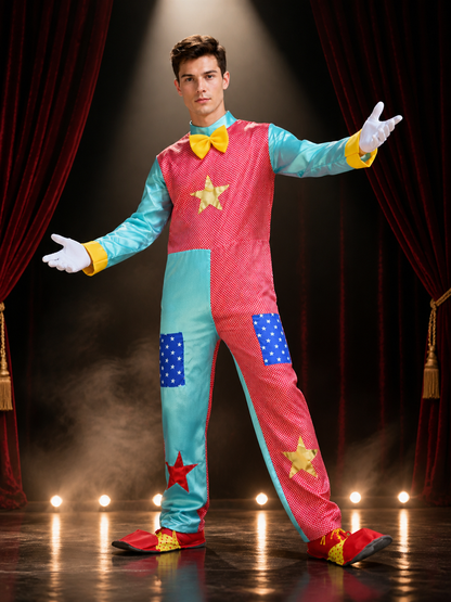 Unisex Adult Clown Jumpsuit Costume, Red and Blue Star Pattern with Bow Tie for Costume Accessories detail 3
