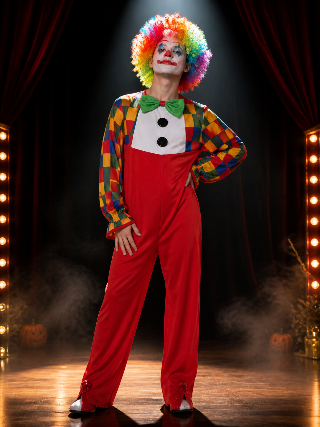 Kids Clown Costume Jumpsuit with Colorful Checkered Sleeves and Bow Tie Costume Accessories detail 3