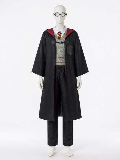 Kids Halloween Wizard Costume Set, Hooded Robe, Vest, Trousers and Round Glasses Costumes detail 3