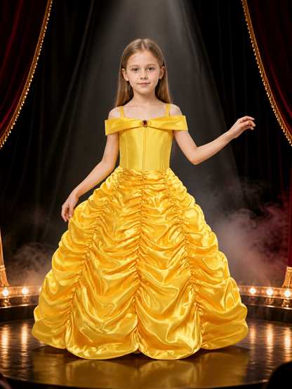 Kids Belle Princess Costume Dress, Yellow Bow-Decorated Long Ball Gown Halloween Costume Dresses detail 3