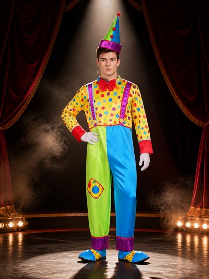 Adult Unisex Clown Jumpsuit Costume, Colorful Dot Print Bodysuit with Matching Costumes detail 3