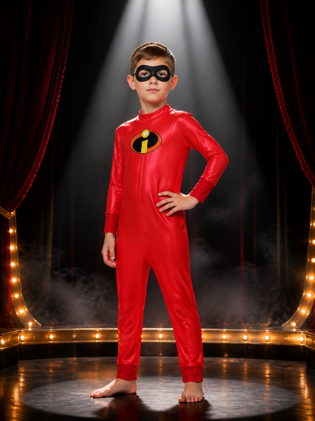 Kids' Red Superhero Long-Sleeve Bodysuit Costume With Character Mask Costume Masks detail 3