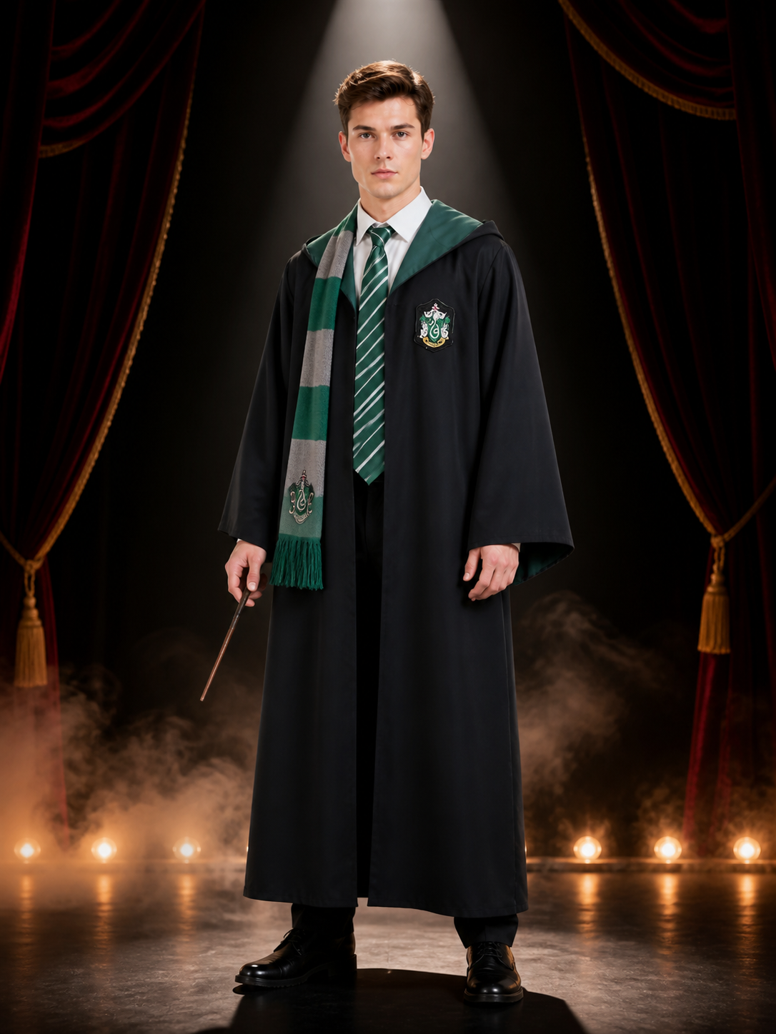 Slytherin Wizard Robe Costume Set with Scarf and Tie, Green Hooded Cloak Costume Capes detail 3