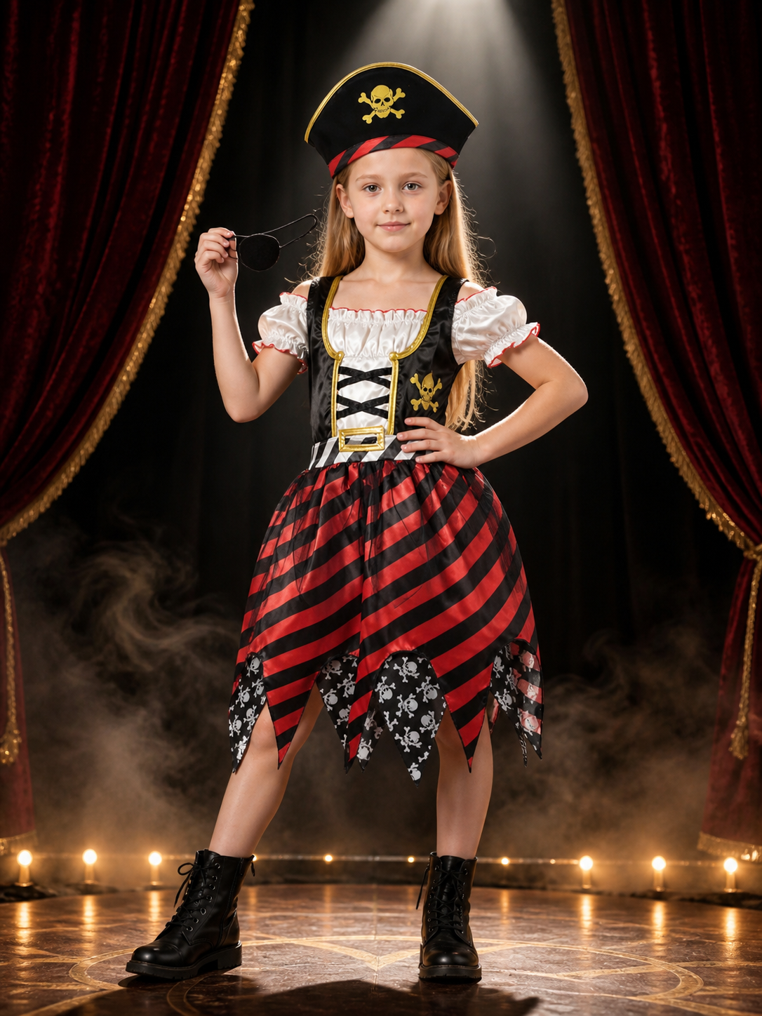 Kids Pirate Costume Dress Set with Hat & Eye Patch - Striped Skull Halloween Costume Dresses detail 3