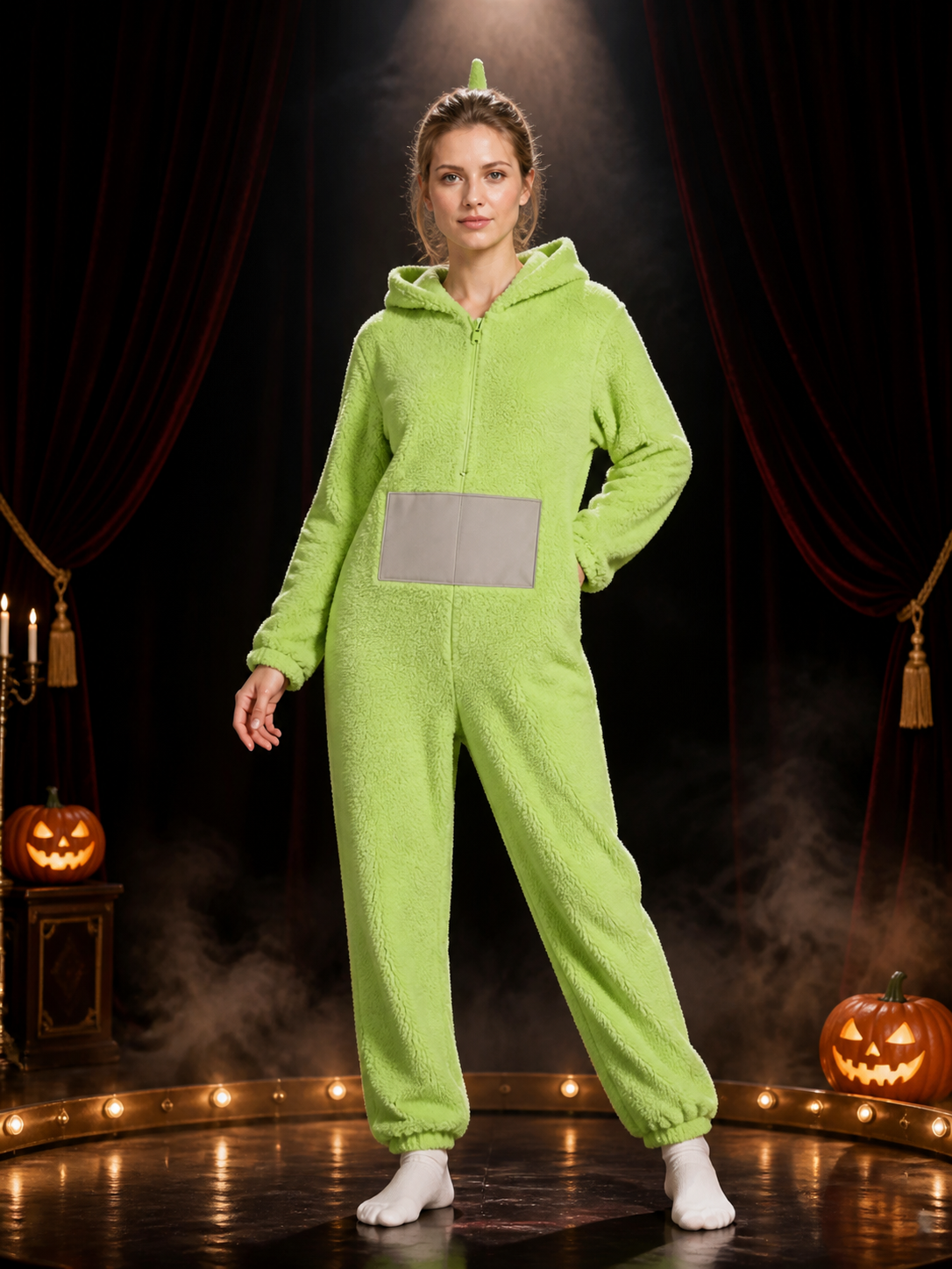 Adult Funny Cartoon Character Light Green Hooded Jumpsuit with Antenna and Gray product detail 3