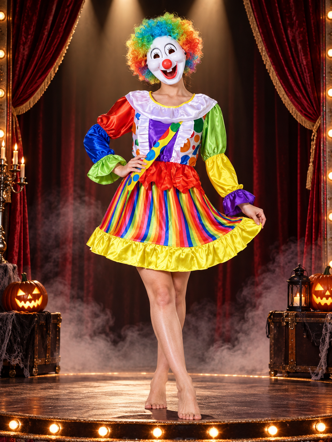 Colorful Clown Costume for Adults: Dress, Wig, Mask