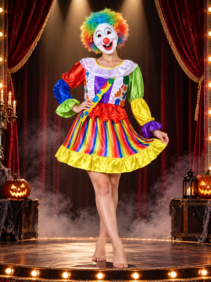 Colorful Clown Costume for Adults: Dress, Wig, Mask