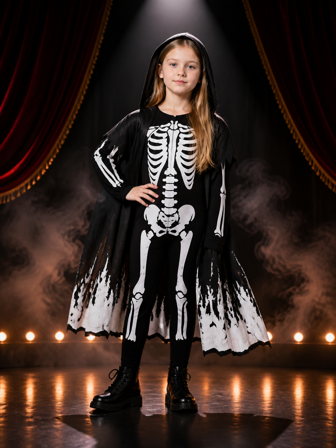 Unisex Glow In The Dark Skeleton Hooded Bodysuit Costume Set With Tattered Robe Costumes detail 3