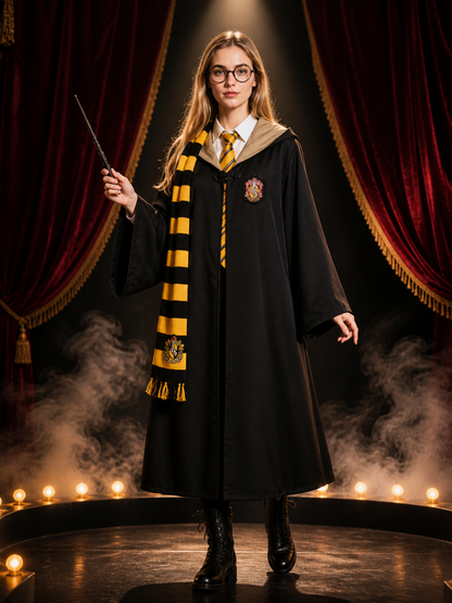 Hufflepuff Wizard Costume Set with Robe, Scarf, Tie, Glasses and Wand - Black Costume Accessories detail 3