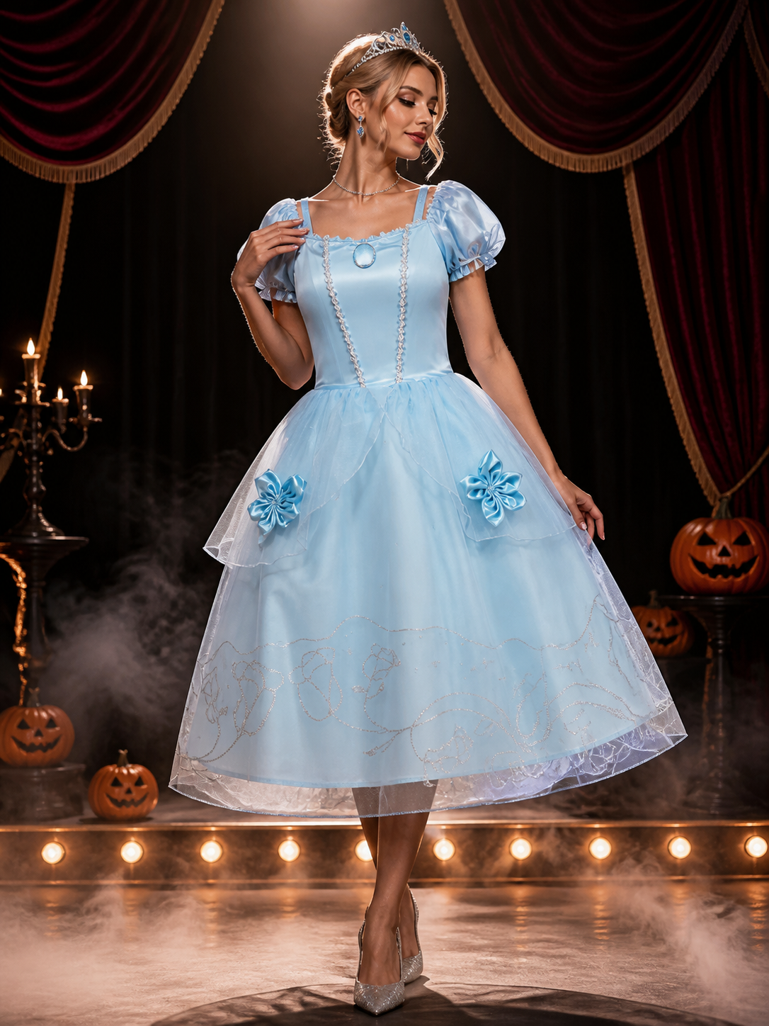 Girls Princess Cosplay Dress Costume, Light Blue Puffy Sleeve Tutu with Silver Costume Dresses detail 3