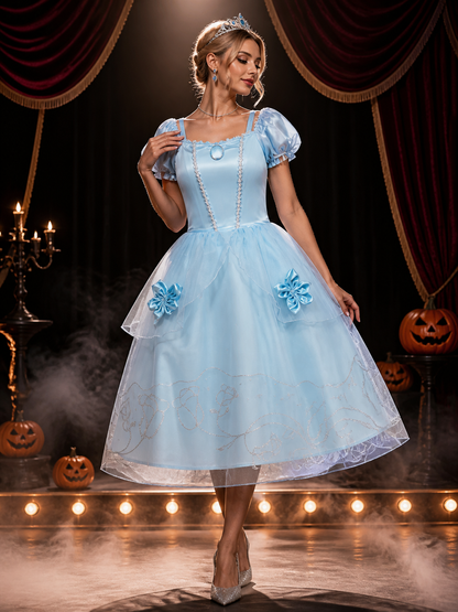 Girls Princess Cosplay Dress Costume, Light Blue Puffy Sleeve Tutu with Silver Costume Dresses detail 3
