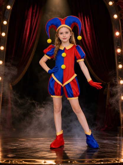 Red and blue harlequin jester jumpsuit costume on stage with gloves and foot covers