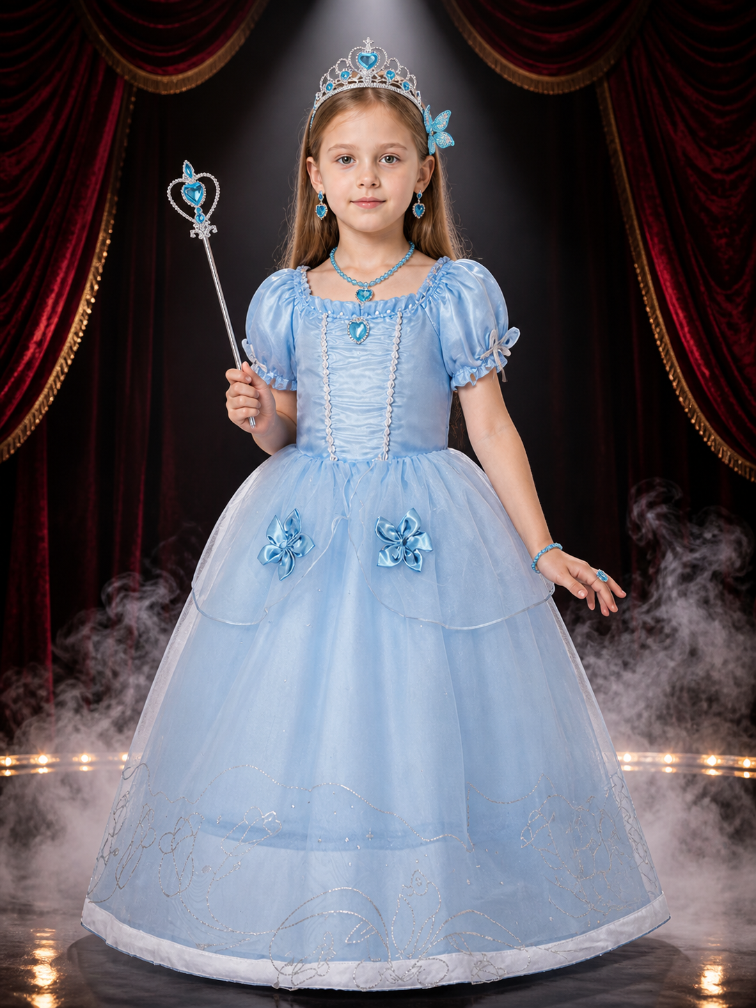 Girls Blue Princess Costume Dress Set with Crown, Wand, and Jewelry, Halloween Costume Dresses detail 3