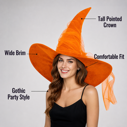 Orange Halloween Witch Hat, Tall Curved Pointed Crown, Wide Floppy Brim, Sheer Mesh Draping, Costume Accessory for Parties