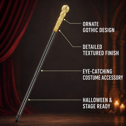 Information card showing the full wand with labels for its ornate design, textured finish, costume accessory use, and stage or Halloween setting