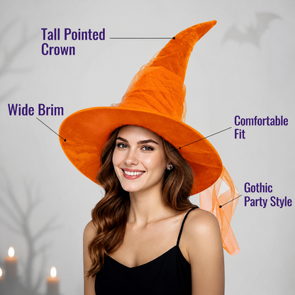 Orange Halloween Witch Hat with Very Tall Curved Pointed Crown, Wide Wavy Brim and Attached Sheer Veil for Costume Parties