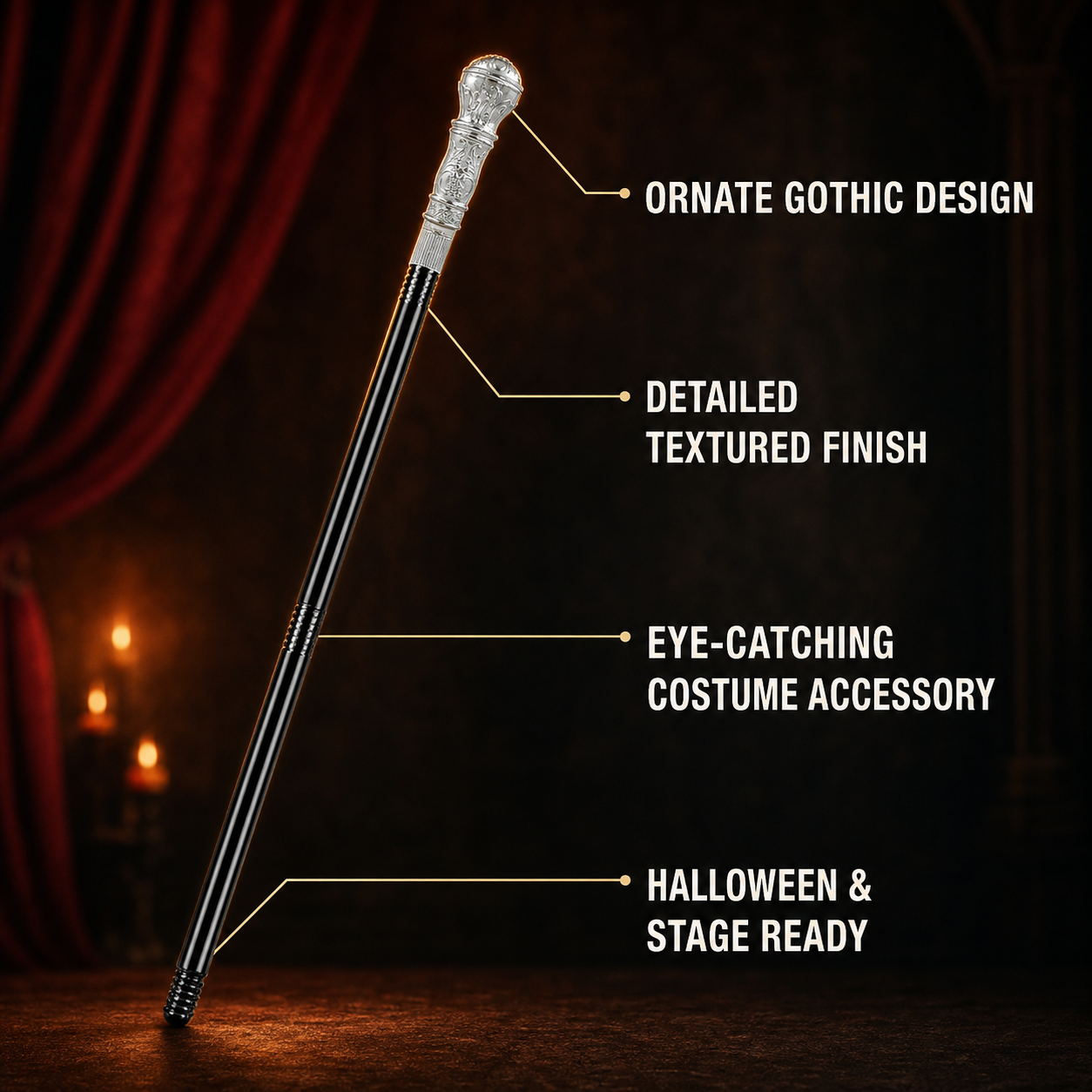 1pc Vintage Black And Bright Silver Carved Ball Handle Scepter Cane, Ornate Costume Accessories detail 2