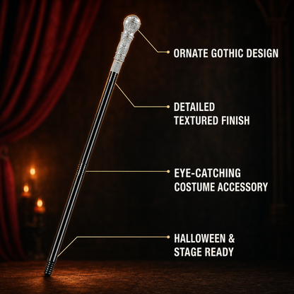 1pc Vintage Black And Bright Silver Carved Ball Handle Scepter Cane, Ornate Costume Accessories detail 2