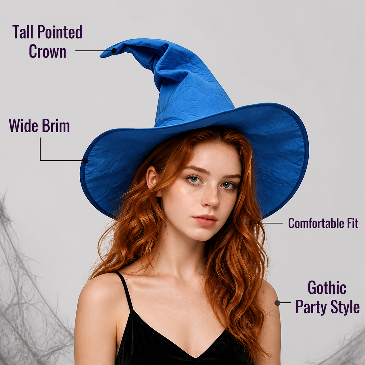 Blue Halloween Witch Hat, Wide Brim Curved Pointed Cap with Black Chin Strap Witch Hat detail