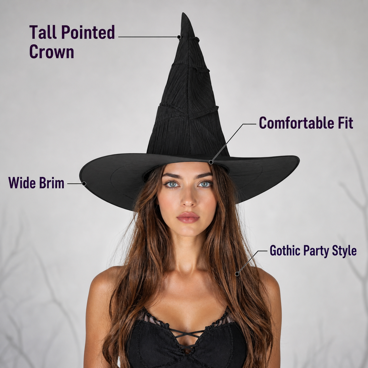 Matte Black Halloween Witch Hat Tall Pointed Crown Wide Curved Floppy Brim Ruched Costume Accessory for Cosplay Party Stage Dress Up