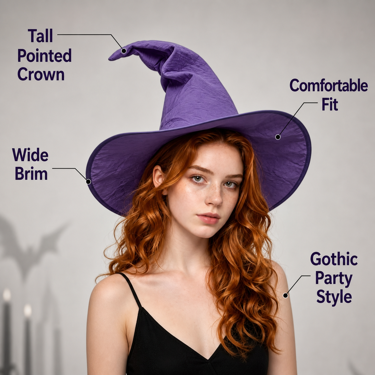 Purple bent-top wide-brim witch hat product view 18