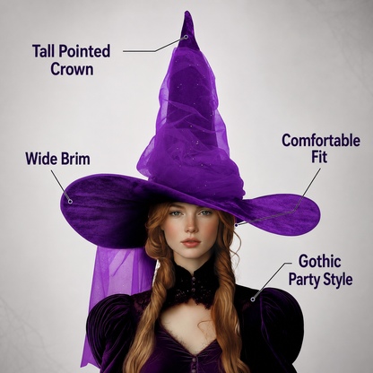 Purple Halloween Witch Hat for Women and Men, Tall Pointed Wide Floppy Brim with Layered Sheer Mesh Draping and Glitter-Like Specks for Cosplay Costume Party