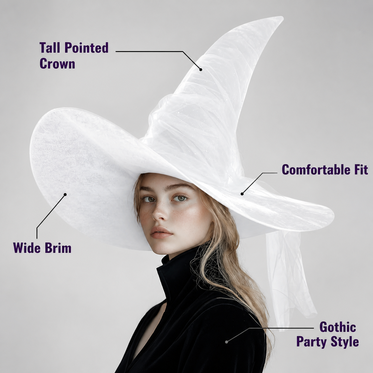 White Halloween Witch Hat With Wide Floppy Brim, Sheer Layered Fabric, Curved Pointed Crown And Trailing Veil For Cosplay Costume Party