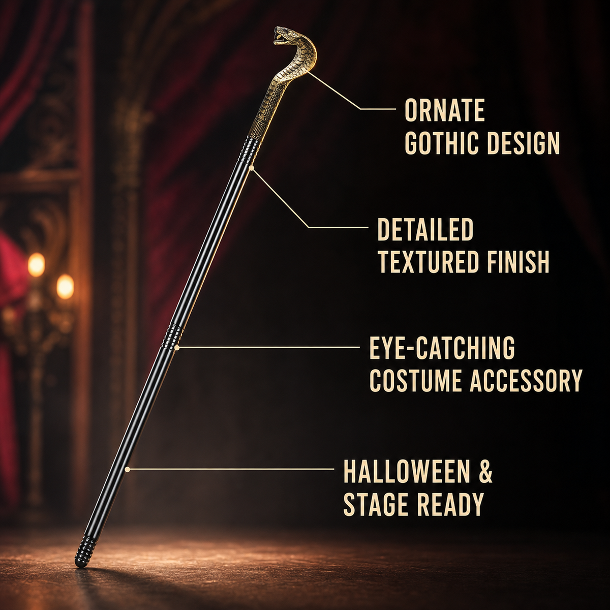 Information card showing the full black cane with a gold-toned snake handle and English labels for its visible design details