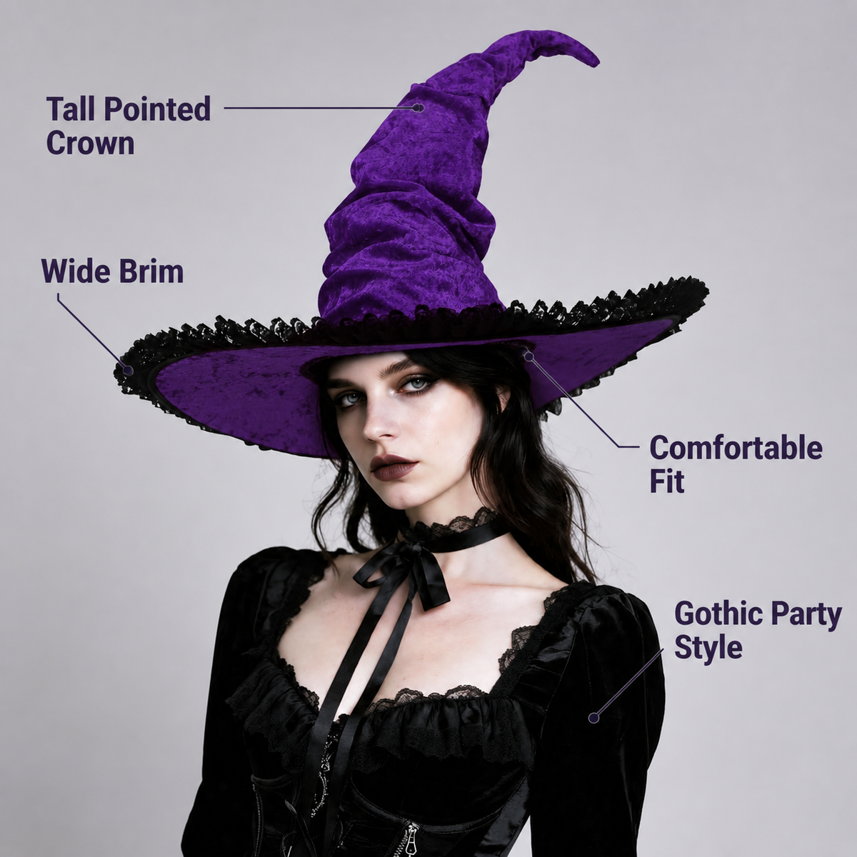 Purple black wide brim witch hat product view 26