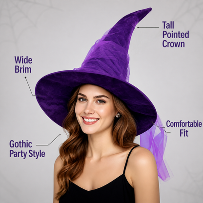 1pc Purple Halloween Witch Hat Wide Brim Crooked Pointed Crown With Sheer Mesh Veil Glitter Detail Costume Accessory