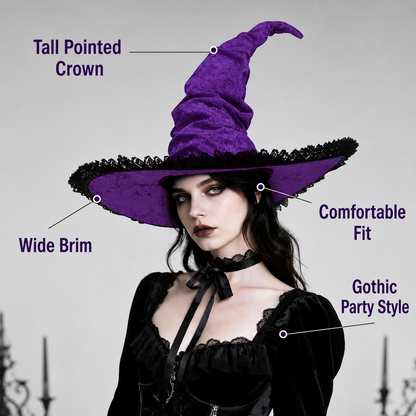 Purple Halloween Witch Hat Pointed Wide Brim Gothic Costume Accessory With Black Lace-Like Trim For Cosplay Themed Parties