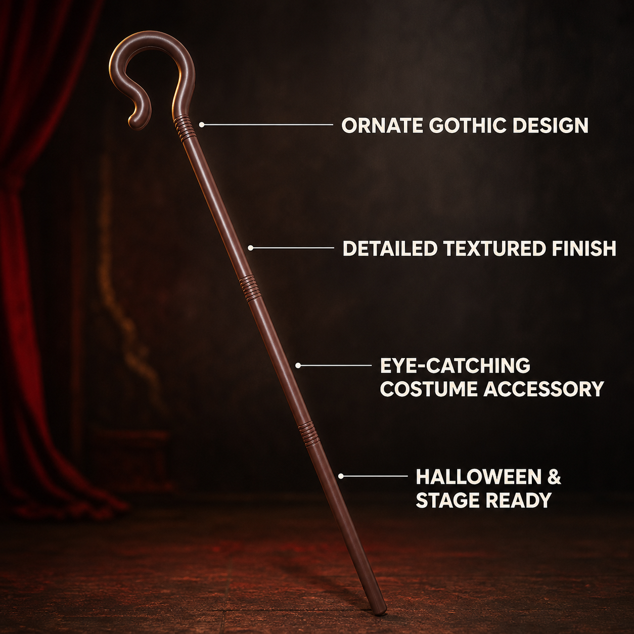 Dark Brown Jesus Scepter Cane Prop, Bent Hook Handle With Ring Grooves, Long Costume Accessories detail 2