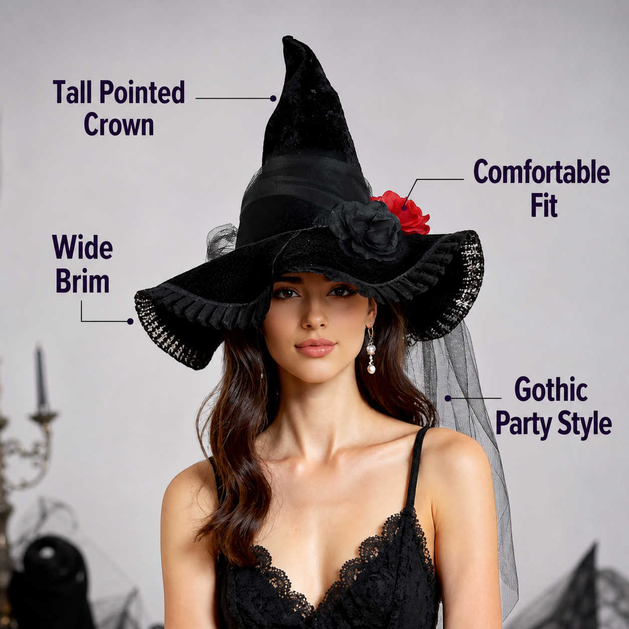Black Halloween Witch Hat with Red Rose, Wide Brim, Tall Pointed Crown and Sheer Veil for Costume Parties and Photo Shoots