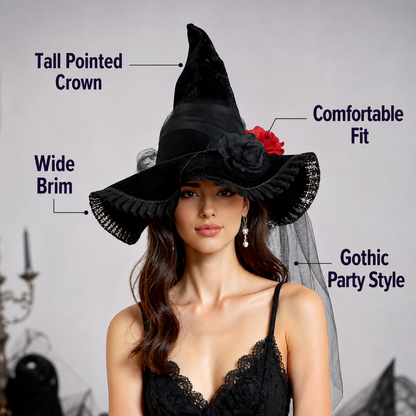 Black Halloween Witch Hat with Red Rose, Wide Brim, Tall Pointed Crown and Sheer Veil for Costume Parties and Photo Shoots