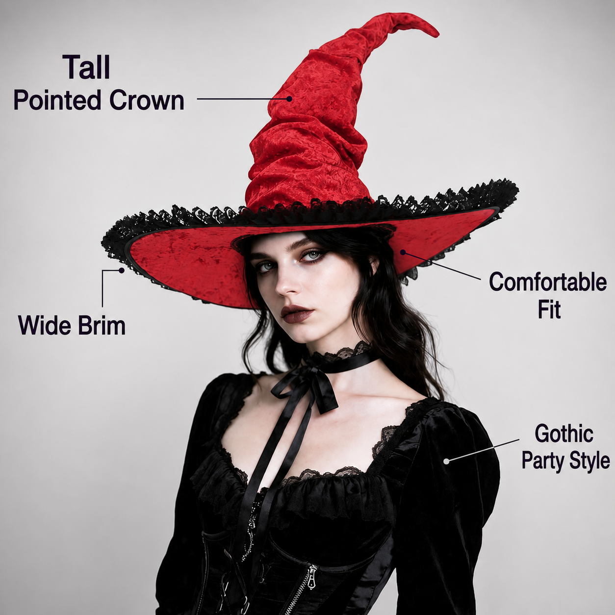 Red and Black Wide Brim Witch Hat, Tall Curved Pointed Top with Black Lace Trim