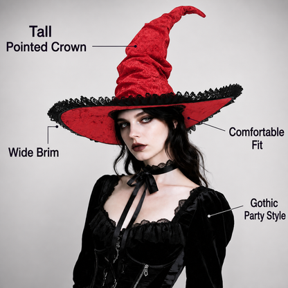 Red and Black Wide Brim Witch Hat, Tall Curved Pointed Top with Black Lace Trim