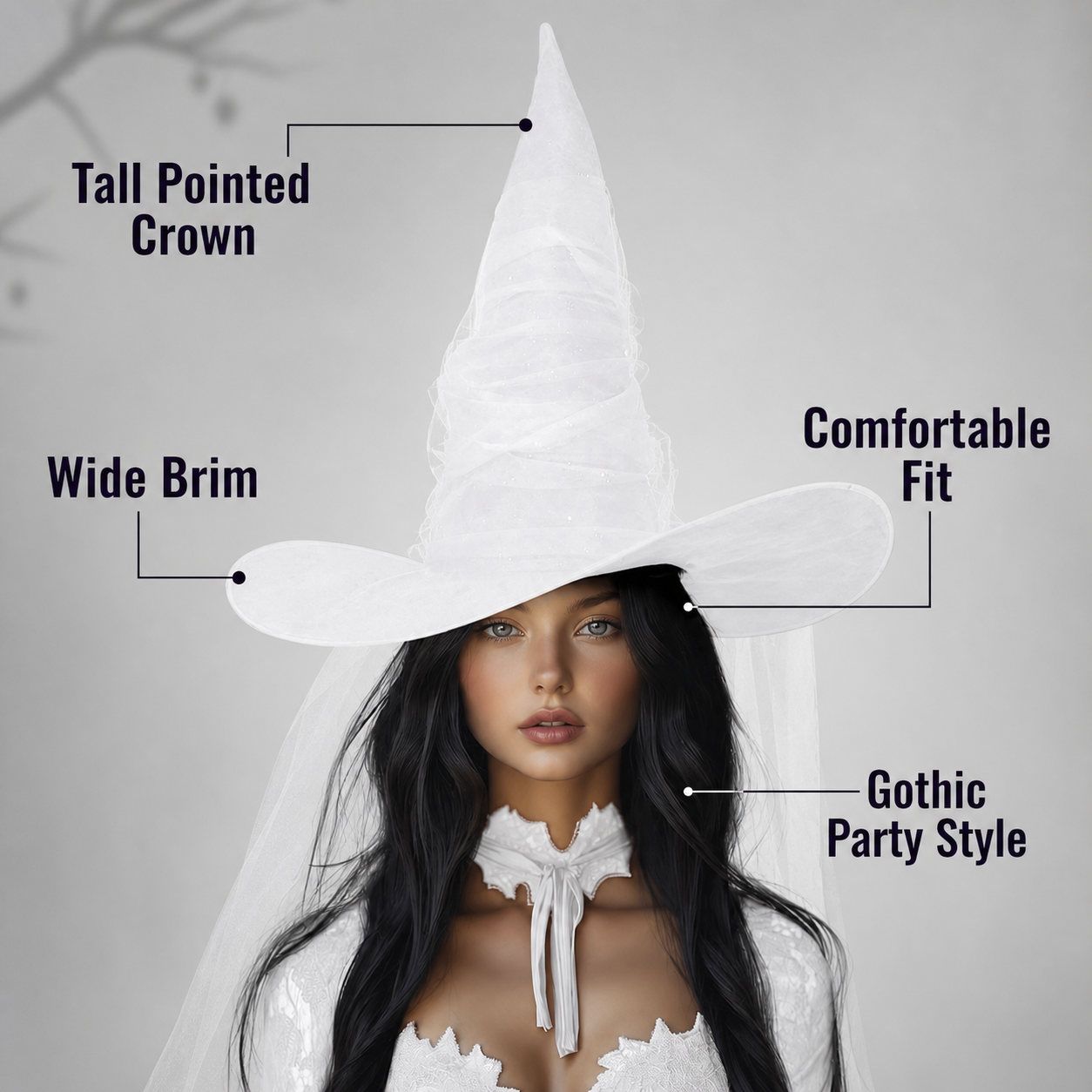 White Halloween Witch Hat With Attached Sheer Veil, Tall Curved Pointed Crown And Wide Floppy Brim For Cosplay Costume Party