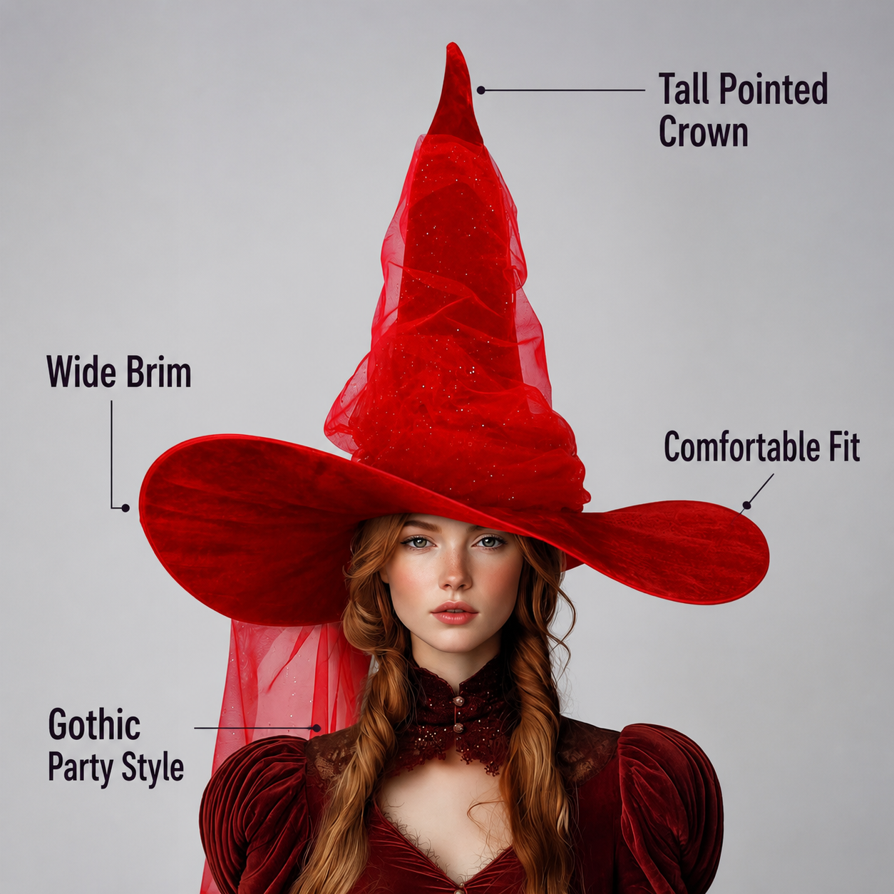 1pc Red Halloween Witch Hat with Very Tall Pointed Crown, Extra-Wide Floppy Brim and Sheer Glitter-Speckled Overlay for Cosplay Parties