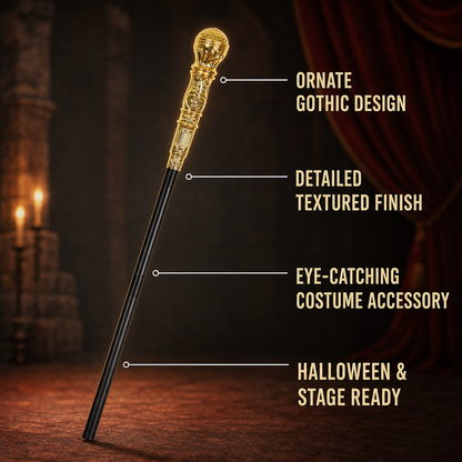 Information card labeling the ornate gold top, textured black shaft, costume accessory styling, and Halloween or stage use