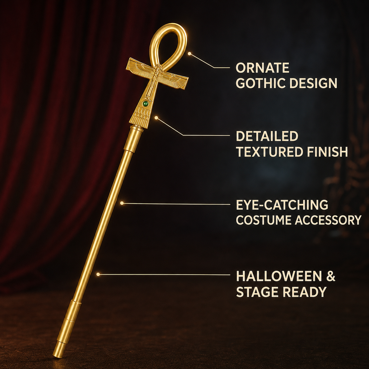 Egyptian Ankh Scepter, Slender Bright Gold Staff With Ringed Cross Top, Green Circle Accent, Fan-Shaped Side Decor And Geometric Relief, Costume Prop