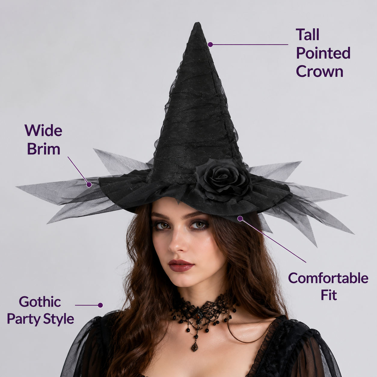 Black Halloween Witch Hat with Black Rose, Tall Pointed Wide Brim Mesh Costume Hat for Gothic Parties and Decorations